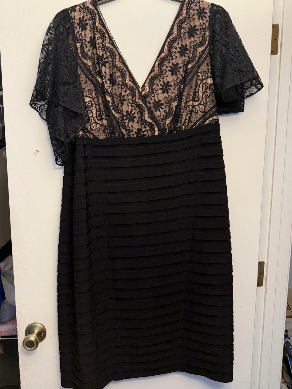Adrianna Papell Black Lace Overlay Sheath Dress with Nude Lining